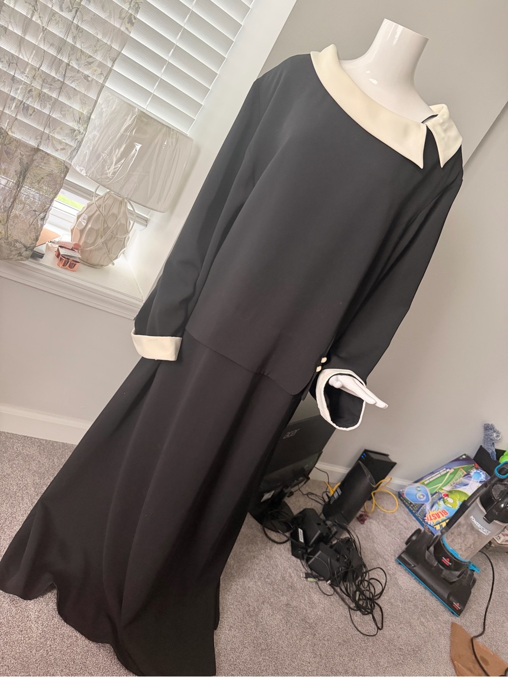 Danny & Nicole Black Maxi Dress with Ivory Collar and Cuff Accents